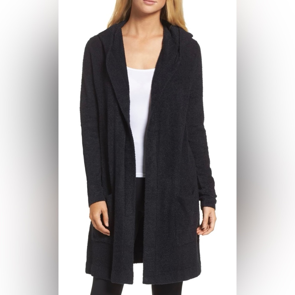 Barefoot Dreams Cozychic Hooded Cardigan in Black Size Medium